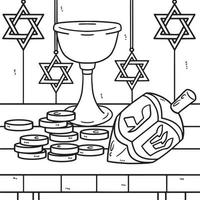 Coloriage Hanukkah Dreidel, pièces de monnaie et calice vecteur