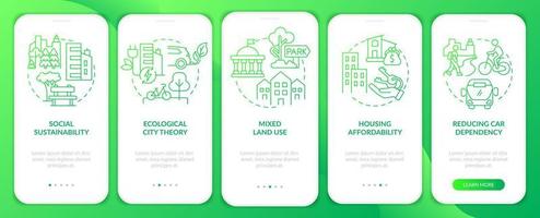 création d'un écran d'application mobile d'intégration de gradient vert de villes respectueuses de l'environnement. pas à pas en 5 étapes pages d'instructions graphiques avec des concepts linéaires. ui, ux, modèle d'interface graphique. vecteur