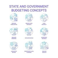 ensemble d'icônes de concept de gradient bleu de budgétisation de l'état et du gouvernement. programme financier pour les illustrations de couleur de ligne mince d'idée de pays. symboles isolés. vecteur