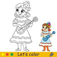 coloriage pour enfants halloween avec modèle fille mexicaine avec guitare vecteur