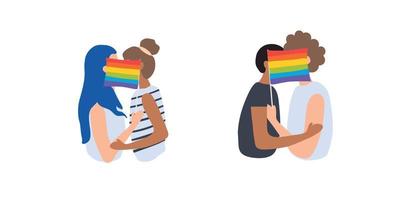 deux garçons et deux filles s'embrassent pour un drapeau lgbt. mois de la fierté. personnes homosexuelles. lesbiennes. illustration vectorielle isolée sur fond blanc. vecteur