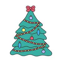 arbre de noël décoré doodle isolé. illustration vectorielle de sapin festif avec arc, guirlande et décorations. symbole de noël dessin animé mignon vecteur