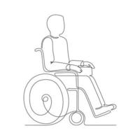 personne handicapée sur le contour du fauteuil roulant, dessin continu d'une ligne d'art. soins et assistance au déplacement d'un patient âgé ou blessé. dessiné à la main, doodle. chaise pour le transport des personnes handicapées. vecteur