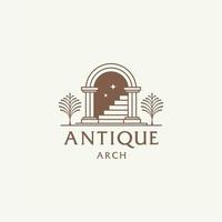 logo de porte mystique, entrée d'architecture d'arc antique et icône d'escalier, avec porte, fenêtre et palmiers dans un style bohème esthétique contemporain vecteur