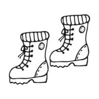 une paire de bottes de randonnée de style doodle. chaussures contour noir dessiné à la main sur fond blanc. illustration vectorielle. vecteur