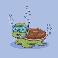 mignon dessin animé de tortue plongée en apnée dans la mer. concept d'icône de tortue. style de dessin animé plat. adapté à la page de destination Web, à la bannière, au dépliant, à l'autocollant, à la carte vecteur
