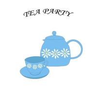 théière théière et ensemble de tasses bleues. illustration vectorielle de thé vecteur