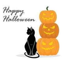 joyeux halloween, carré de carte. poste avec trois citrouilles et chat noir. illustration vectorielle vecteur