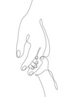gestes de la main dessinés sur une seule ligne, main et bébé minimalistes des parents, main des enfants tenant le doigt. amour, maternité, paternité, signe de soins de l'enfance. vecteur graphique continu dynamique à une ligne
