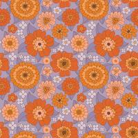 Modèle sans couture de fleurs des années 70. fleur marguerite groovy. esthétique hippie, style vintage, couleurs d'automne. tournesols et dahlias au feuillage violet. design textile rétro, illustration vectorielle. bohème chic. vecteur