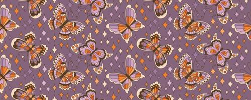 Puttern sans couture papillon des années 70 et 60. fond lilas répétitif coloré dans un style vintage. illustration vectorielle. vecteur