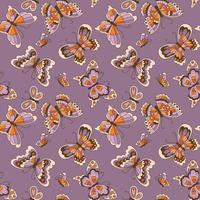 motif sans couture de papillons arc-en-ciel groovy sur fond violet. papillons de nuit psychédéliques dans le style hippie vintage des années 60 et 70. vecteur