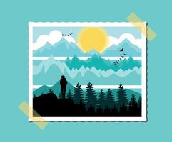 illustration vectorielle d'un paysage de montagnes et de forêts silhouette d'un homme dans un style rétro dans un cadre dans de douces nuances de couleur bleu bleu jaune sur fond bleu vecteur