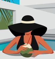 illustration vectorielle d'une fille dans un chapeau en été en vacances nage, prend un bain de soleil et boit un cocktail de jus de noix de coco au bord de la piscine vecteur