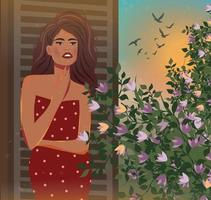 illustration numérique d'une belle fille modèle italienne rencontre le coucher du soleil sur son balcon entouré de fleurs et de verdure et d'un paysage vivant de la nature vecteur