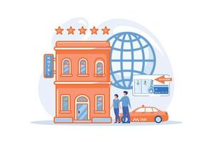 recherche d'auberge, d'hébergement. commander un taxi, un taxi. services de réservation en ligne, système de réservation sur Internet, concept de recherche d'hébergement. illustration moderne de vecteur plat