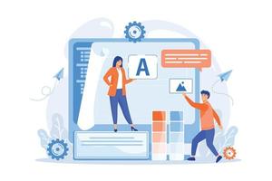 programmeurs sur ordinateur utilisant une plate-forme à faible code sur ordinateur, de petites personnes. développement de code faible, plate-forme de code faible, concept de codage facile lcdp.illustration moderne de vecteur plat