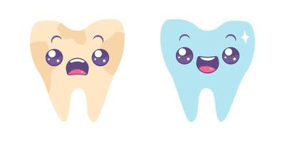 vecteur défini des icônes de dents sales et dent blanche. illustration de dent dans le style kawaii.