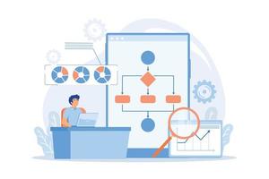 analyste travaillant sur ordinateur portable avec processus d'automatisation. automatisation des processus métier, workflow des processus métier, concept de système métier automatisé. vecteur