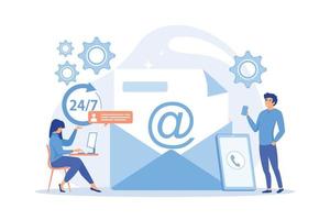 marketing par e-mail, chat sur Internet, assistance 24 heures sur 24. entrer en contact, initier le contact, nous contacter, formulaire de commentaires en ligne, parler au concept des clients. illustration moderne de vecteur plat