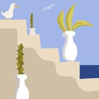 cactus et plante abstraite dans un vase blanc sur un ancien escalier. illustration vectorielle dans un style boho minimal. journée d'été ensoleillée. art dessiné à la main pour cartes d'été, affiches, dépliant d'agence de voyage vecteur