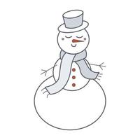 mignon bonhomme de neige blanc avec nez de carotte en bonnet et écharpe chaude. illustration vectorielle de dessin animé vecteur