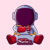 astronaute mignon mangeant une illustration de vecteur de dessin animé de sushi. icône de style dessin animé ou vecteur de personnage de mascotte.