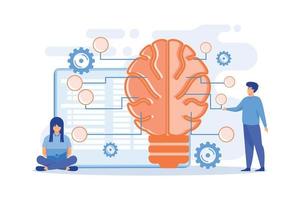 gros cerveau avec circuit et programmeurs. intelligence artificielle, apprentissage automatique et science des données, concept d'informatique cognitive sur fond blanc. illustration moderne de vecteur plat