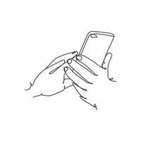 dessin en ligne continu d'une personne tenant un smartphone, main tenant un smartphone vecteur