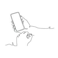 dessin en ligne continu d'une personne tenant un smartphone vecteur