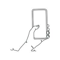 dessin en ligne continu d'une personne tenant un smartphone vecteur