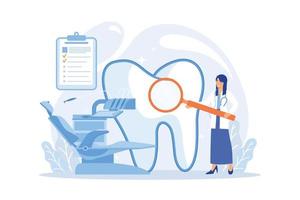 dentiste avec loupe sur échelle examinant une énorme dent de patient et un fauteuil dentaire. dentisterie privée, service dentaire, concept de clinique dentaire privée. illustration moderne de vecteur plat