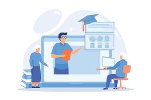 webinaire, cours sur Internet. tuteur universitaire à distance, éducateur. apprentissage en ligne pour les personnes âgées, cours en ligne pour les personnes âgées, concept d'éducation supplémentaire. illustration moderne de vecteur plat