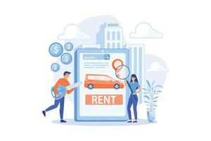 site de location de transport, achat automobile. homme recherchant une auto d'occasion sur internet. service de location de voiture, location de voiture économique, concept de réservation de voiture en ligne. illustration moderne de vecteur plat