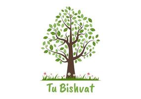 modèle de tu bishvat illustration plate de dessin animé dessiné à la main arbre fleuri avec des objets de sept espèces de fruits sur la conception de fond blanc vecteur