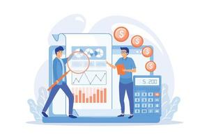 illustration vectorielle plate d'analyse d'entreprise. mesures marketing, analyse de données, concept d'audit financier. camemberts et diagrammes analysant illustration moderne de vecteur plat