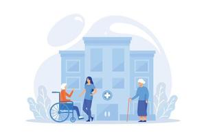 soins, bénévolat. accompagnement des personnes handicapées, assistance hospitalière. soins aux personnes âgées, soins infirmiers seniors mal du pays, concept de services de soins aux personnes âgées. illustration moderne de vecteur plat