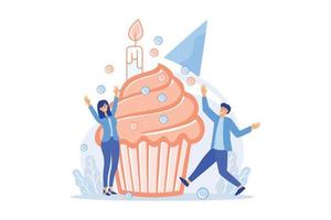 femme et mari, couple heureux célébrant son anniversaire. fête d'anniversaire, vacances romantiques, saint valentin. gens heureux et cupcake avec bougie. illustration moderne de vecteur plat