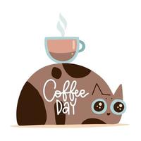 le chat brun mignon tient une grande tasse de café sur son dos. concept isolé avec inscription lettrage - jour du café. illustration vectorielle plate dessinée à la main pour affiche, carte vecteur