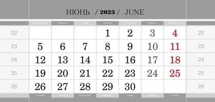 bloc trimestriel du calendrier pour l'année 2023, juin 2023. calendrier mural, anglais et russe. la semaine commence à partir du lundi. vecteur