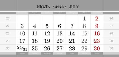 bloc trimestriel du calendrier pour l'année 2023, juillet 2023. calendrier mural, anglais et russe. la semaine commence à partir du lundi. vecteur