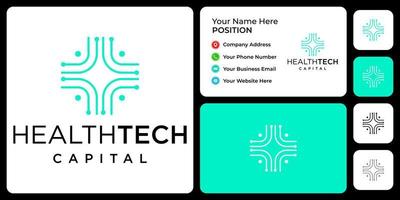 création de logo de technologie croisée médicale avec modèle de carte de visite. vecteur