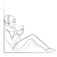 femme musulmane en hijab utilise le dessin au trait smartphone, illustration vectorielle. jeune femme musulmane moderne regarde dans son téléphone smartphone tout en étant assise sur le sol dessin au trait continu. conception minimale vecteur