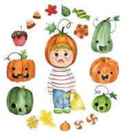 dessin à l'aquarelle. ensemble d'éléments d'halloween, enfant mignon en costume d'halloween, citrouilles et bonbons. vecteur