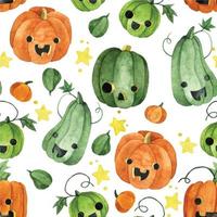 modèle sans couture aquarelle avec citrouilles d'halloween. personnages de citrouille mignons, grimaces. impression d'automne vecteur