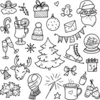 éléments de doodles de noël et d'hiver. éléments vectoriels pour noël - arbre, père noël, cadeau, jouets, patins, cerf, ange, vin chaud. illustration de bonne année. conception pour la coloration, les impressions et les cartes postales vecteur