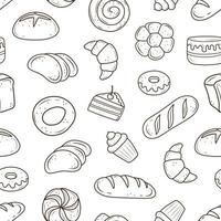 un motif de produits de boulangerie dessinés dans le style de doodle. pain noir et blanc, gâteau, monchik, croissant. illustration vectorielle sur fond blanc. vecteur