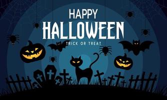 fond isolé d'halloween effrayant avec des chauves-souris volantes, des araignées, un chat, un cimetière et une citrouille. illustration vectorielle. vecteur