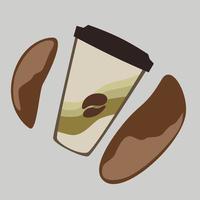 tasse de café avec du chocolat, des grains de café et un emblème de verre vecteur