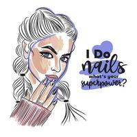 je fais des ongles quelle est votre superpuissance, citation manuscrite, beau portrait de fille, ongles longs vecteur